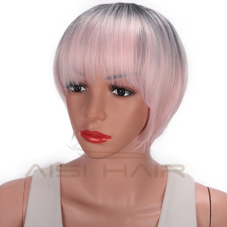 Aisi Hair High Temperature Fiber Straight Short Bob Wigs Ombre Pink Short Bob Wigs with Neat Bangs Cosplay Short Bob Wigs