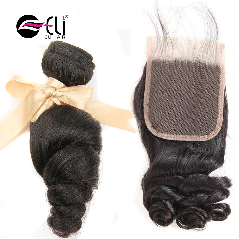 Brazilian Loose Wave Bundles with Closure Loose Wave Lace Closure 4 X 4 inch Free Part Closure with Human Hair Bundles