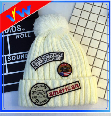 Patch Beanie Hat Embroidery Pom Pom Knitted Hat