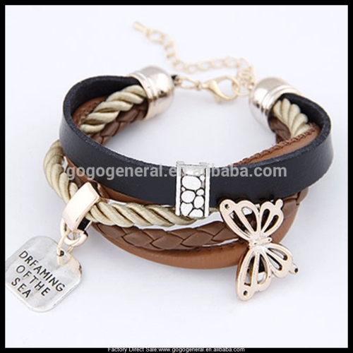 Mixed Layers String Leather Personalized Butterfly Charm Bracelet