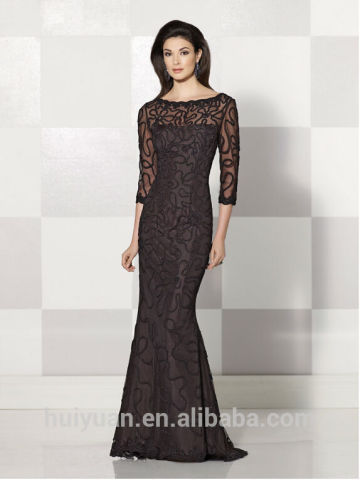 brown high quality long sleeve lace full length cheap formal gowns