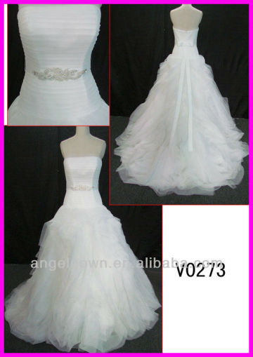 2014 guangzhou princess tulle ball bridal gown/wedding dress sparkling beading motif ribbon sash/belt V0273