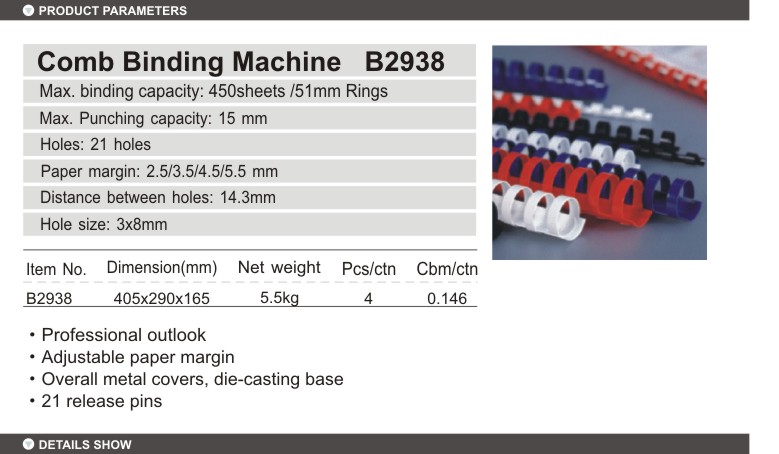 Comb Binding Machine with release pins,15 sheets, 21holes