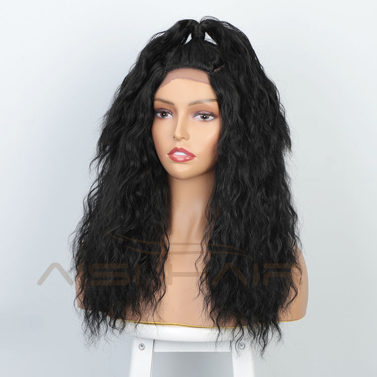 Aisi Hair 18 Inch Long Body Wave Natural Black Wig With Ponytail Swiss Lace Wig Water Wave Synthetic Hair Wigs For Black Women