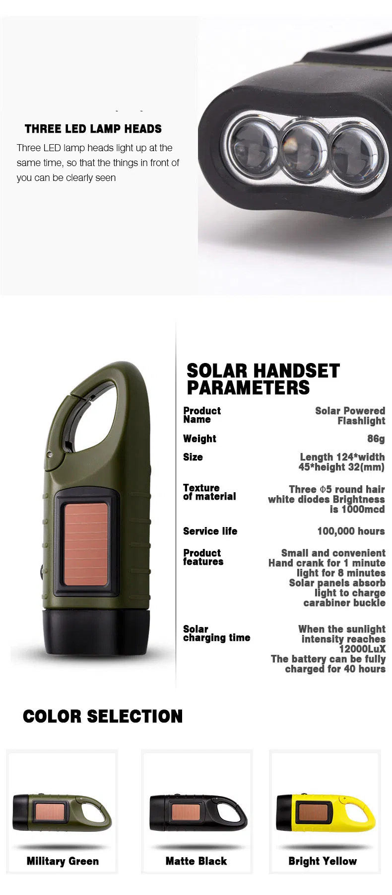 Hand Crank Solar Powered Flashlight Cheap Powerful Emergency Rechargeable Flashlight Crank-Powered Flashlight
