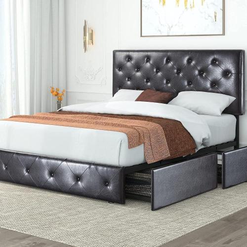 4 Storage Drawers Leather Upholstered Platform Bed Frame