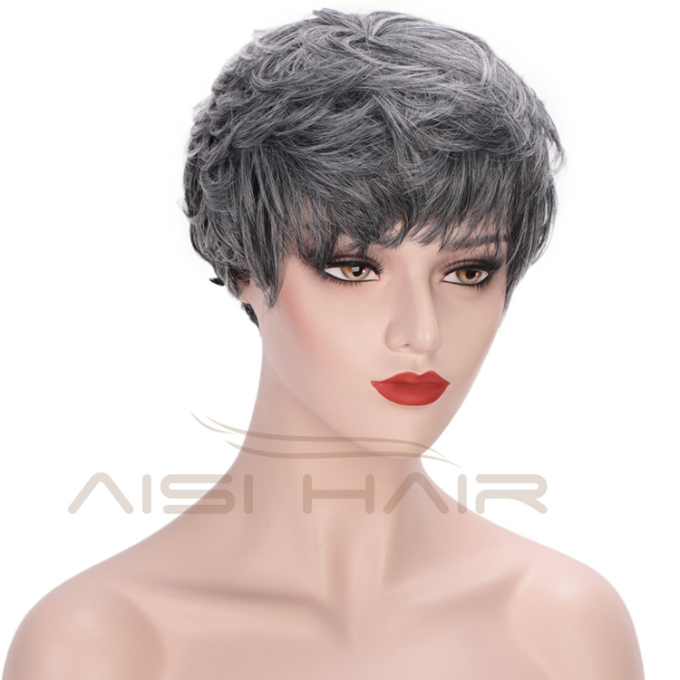 Aisi Hair Heat Resistant Fiber Straight Short Hair Bob Wigs with Neat Bangs Grey Mixed Black Short Bob Wigs for Women