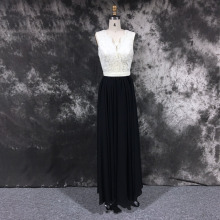 Guangzhou New Style V-Neck Sleeveless White Lace Black Chiffon Floor Length Evening Dress