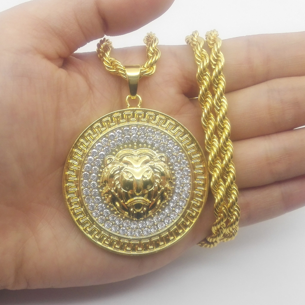 Hip hop lion zinc alloy crystal rhinestone gold pendant necklace jewelry,bling bling iced out Cuban chain