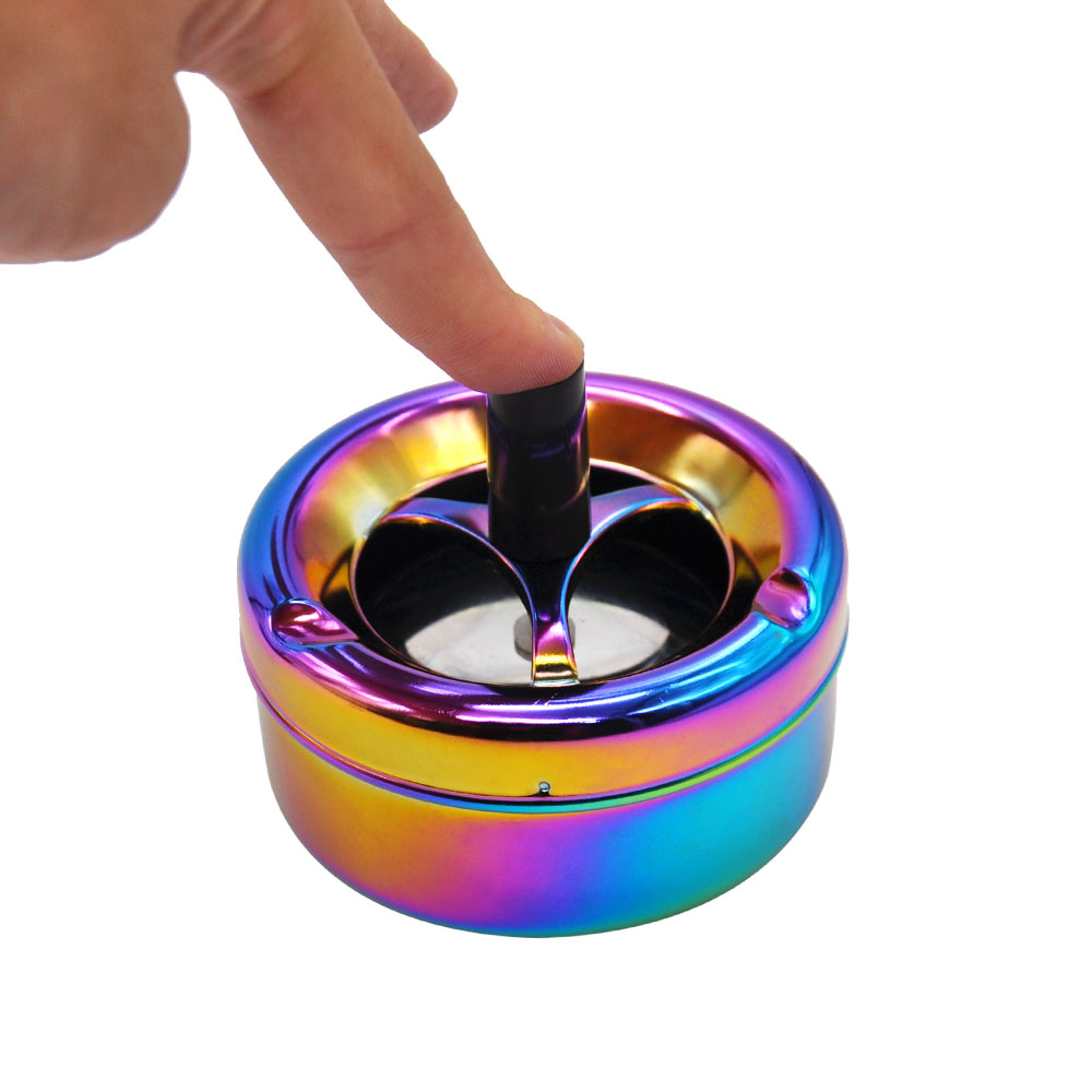 Rainbow Color Stainless Steel Ashtray Press Rotary Portable Ash Tray Metal Ashtray With Lids