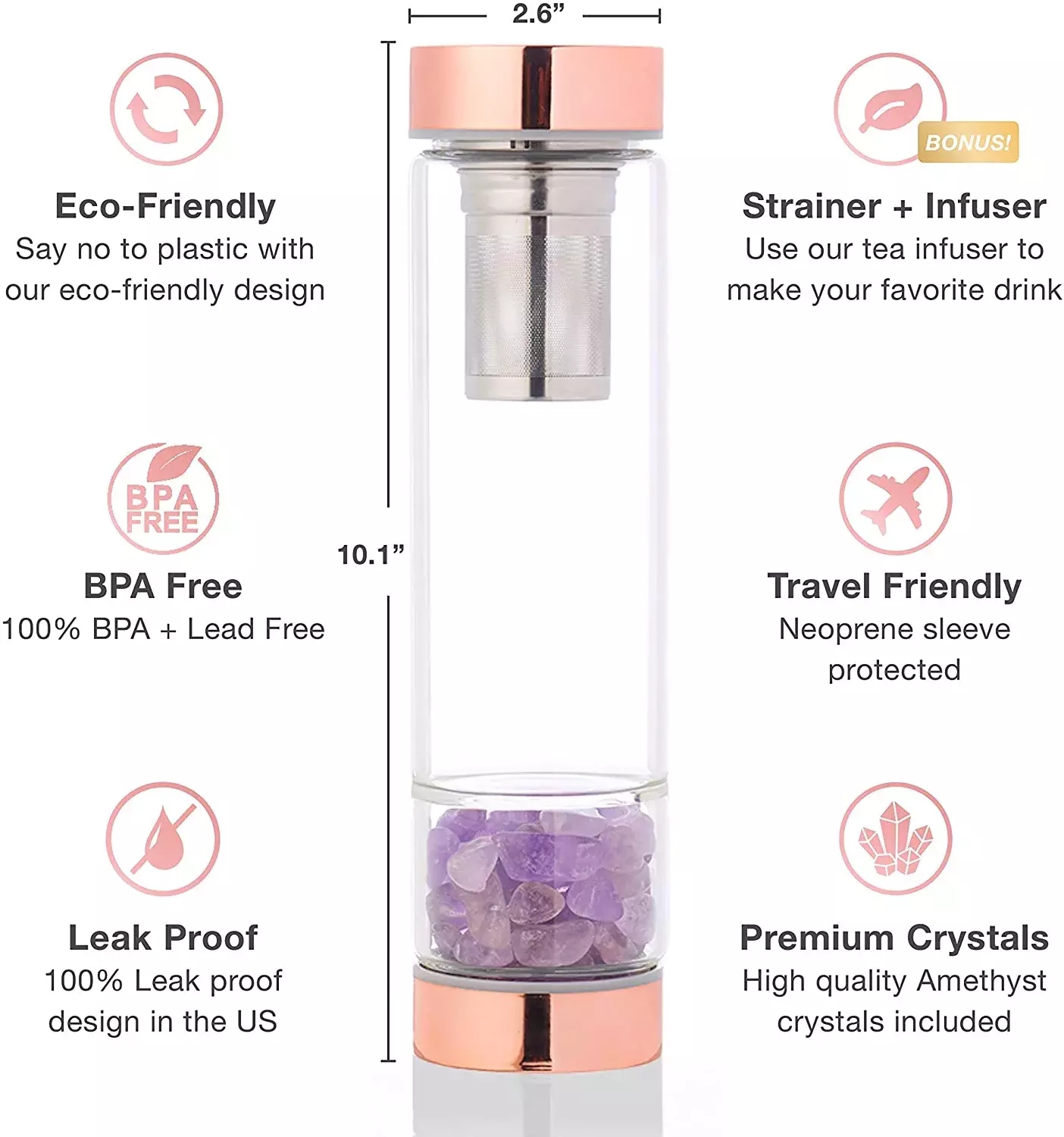 BPA-Free Custom Nature Gemstone Tea Infuser Stainless Steel Drinking Borosilicate Doudle Wall Glass Water Bottle With Crystal