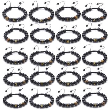 Natural black agate stone woven Beaded Bracelet English alphabet logo Bracelet charming couple lettering gift