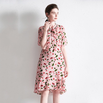 Short Sleeve Women Floral Printed Silk Dress