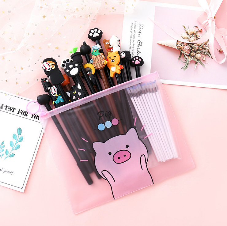 Korean Cute Cartoon Heart Customized Student Stationery Set Promotional Plastic Ball Pen Novelty Body Personalized Logo Pen Bag