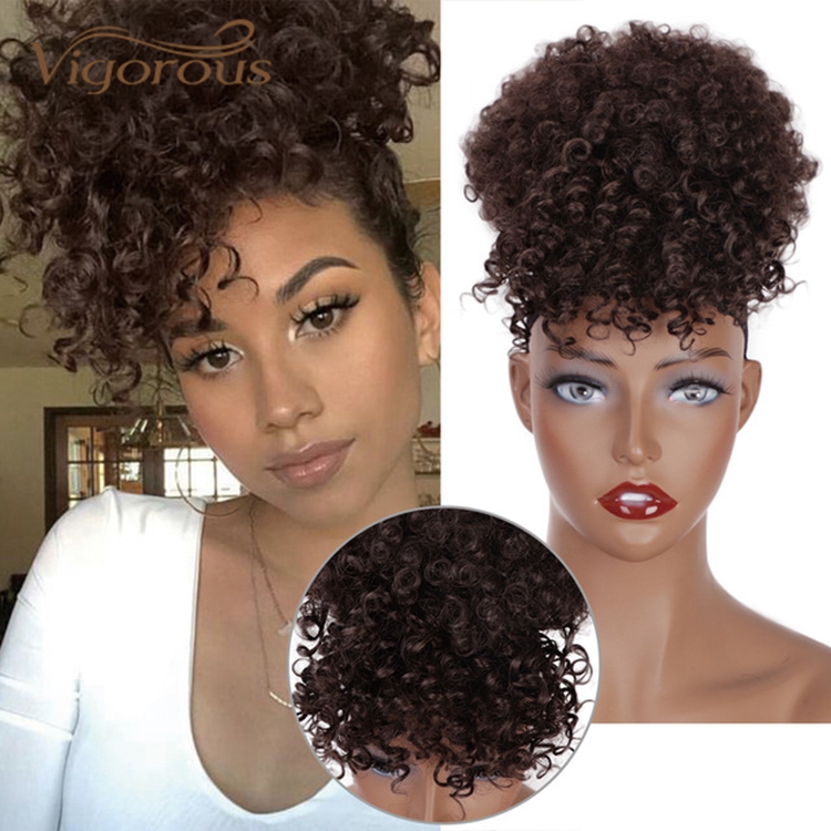 Vigorous Cheap Price Short Ponytail With Bang Kinky Curly Fluffy Updo Hair Extension For Black Women Synthetic Afro Hair Bun