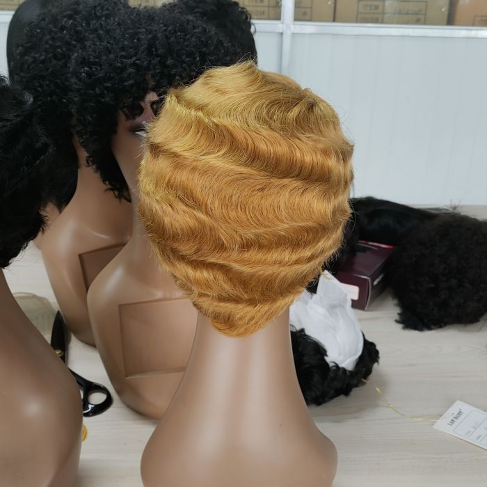 Cheap Factory Price Finger Wave Pixie Short Cut Blonde Color 27# Wig 100% Human Hair None Lace Wig For Women