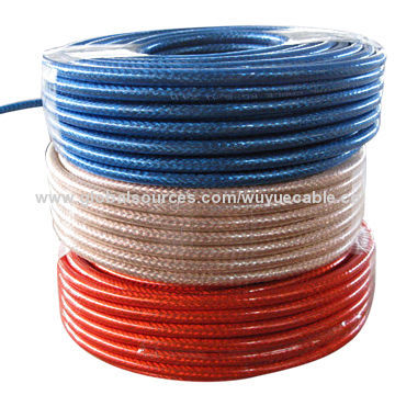 Satellite cable with clear PVC, two F connector, CCS conductor, CCA braids, copper foil