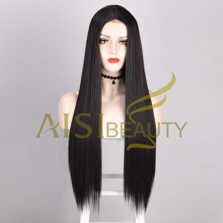 Aisi Beauty Wholesale Vendor Cheap Long Silky Straight Black Wig Swiss Lace Synthetic Hair For Black Women Lace Front Wig