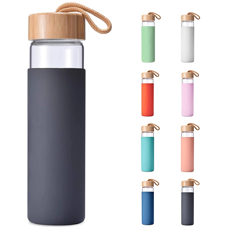 18oz 550ml Silicone Sleeve Borosilicate Glass Water Bottle with Bamboo Lids, Glass Drinking Water Bottle, Glass Water Bottle