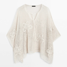 Women's island vacation style embroidered hollow mesh v-neck knitted pullover