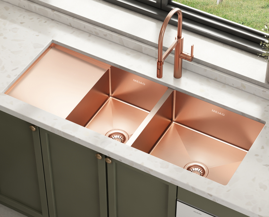 Brushed Double Bowl with Drainboard Undermount Kitchen Sink