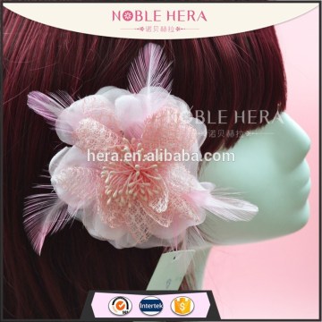 Pink color feather flower hair accessories ladies fancy hair clips
