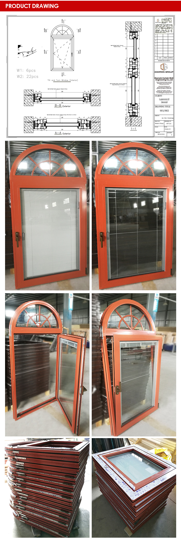 China Customized detroit excellent quality window dual pane tilt turn triple glass Aluminum arched shutter window