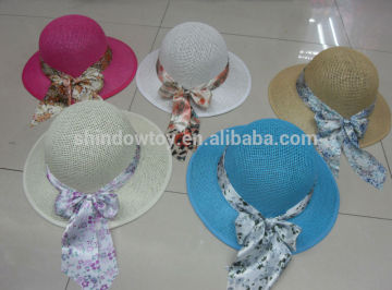 Fashion wide brim paper cloth hat, Paper summer beach hat wiht round crown