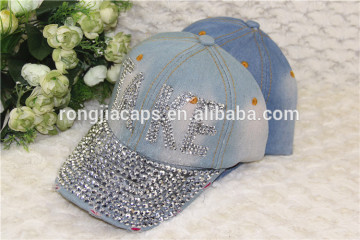 0918035 Rhinestone Denim Baseball Hat leather back hat washed cap