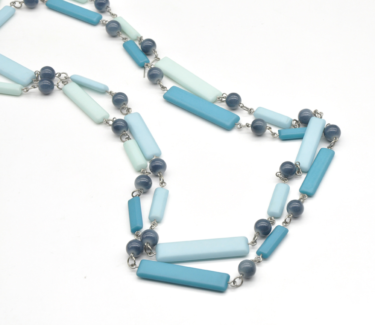 2021 blue color double layer resin acrylic necklace women long plastic round beads link chain necklace