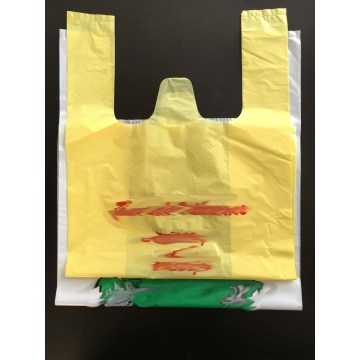 Plástico biodegradável em rolo vermelho T-shirt sacola de compras com alça de transporte para colete