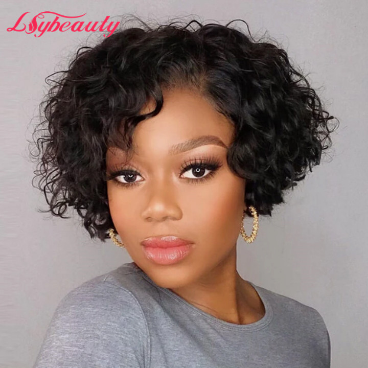 Short Curly Pixie Cut Bob Wigs Brazilian Romance Curly Human Hair Lace Closure Wigs For African American Black Women