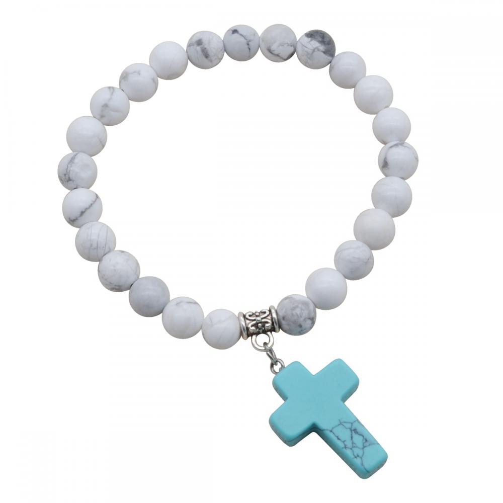 Pulsera de los encantos de los granos redondos 8MM de Howlite Chakra natural con la cruz de la turquesa