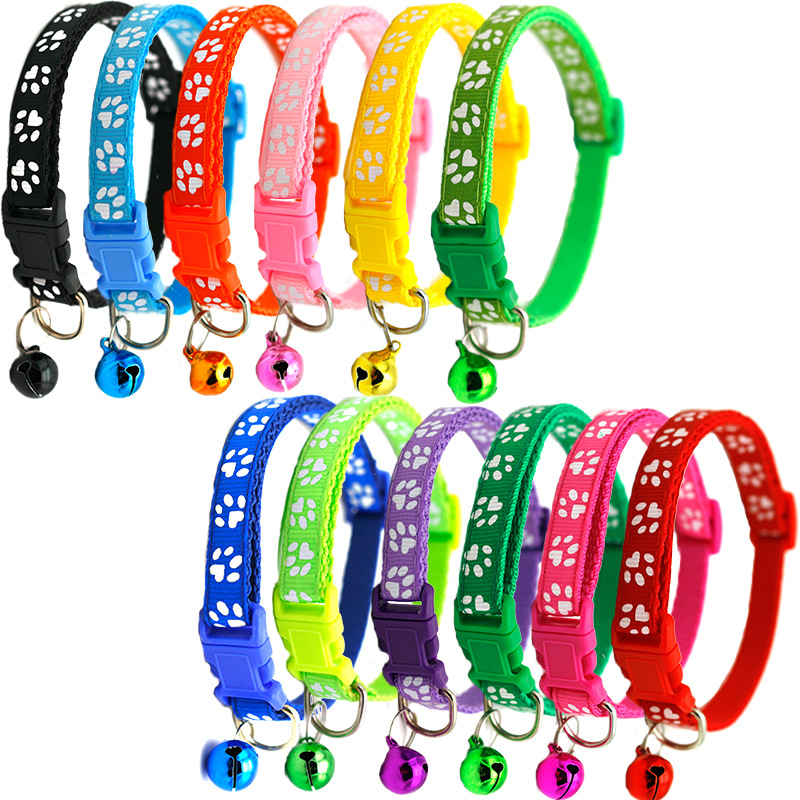 Manufacturer Wholesale Multi-colors Paw Print Adjustable Nylon Cat Dog Collar With Bell