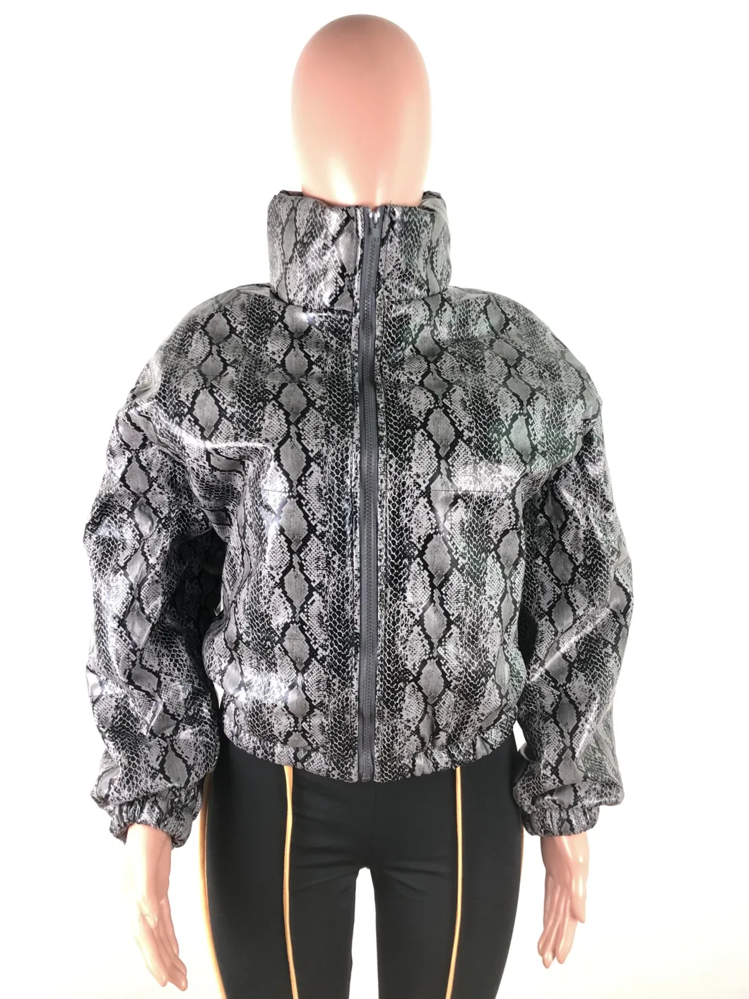 L99496 Latest Design Plus Size Casual Stand Collar Snake Print Cotton Jacket