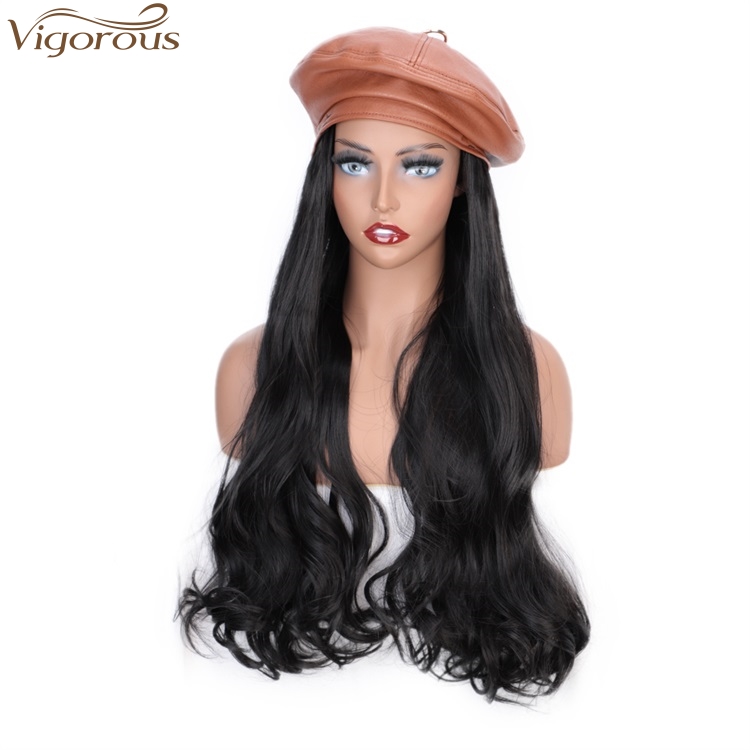 Vigorous Black Wavy Wig With Brown Hat For Women Heat Resistant Synthetic Hair Extensions hat wig