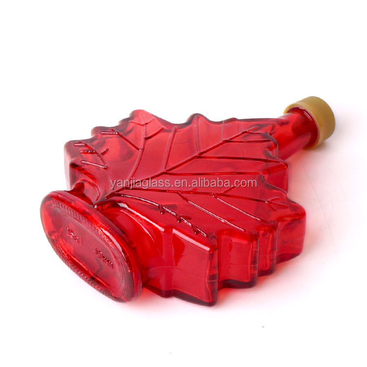 red colored 250ml maple shaped wine/honey/syrup glass bottle with screw plastic cap