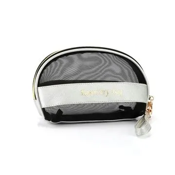 Portable Semi-Circle Mesh Cosmetic Bag Women Travel Makeup Zipper Bag