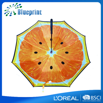 Orange color fruit printing magic C shape handle inverted umbrella