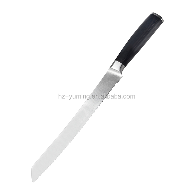 Yuming Factory Professional knife high carbon steel 10 inch bread knife with Pakka Wood handle kitchen knife