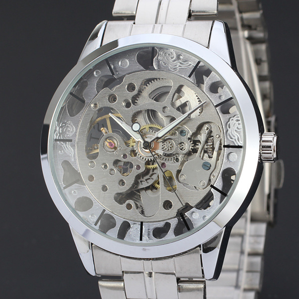 golden skeleton men watch alloy case watch with stainless steel band