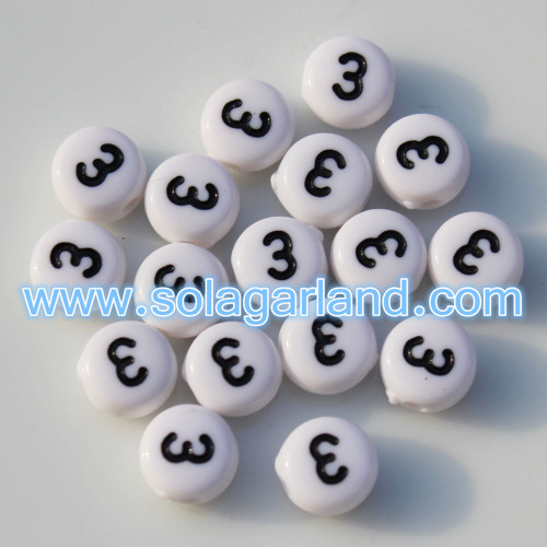 Acrylic White Coin Round Beads With Black Digit Number