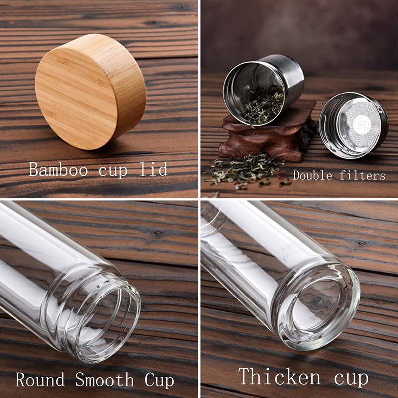 Eco reusable bamboo lid double walled high transparency glass smoothie water bottle