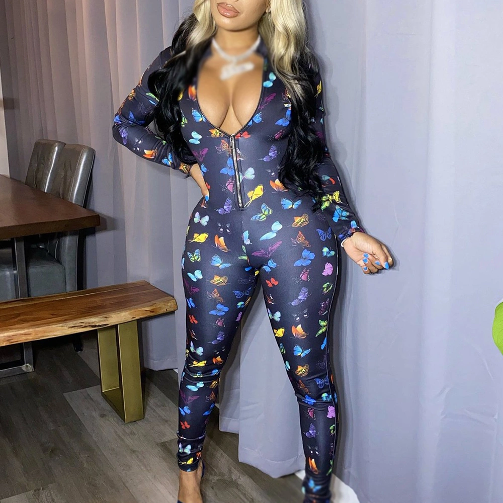 Best Selling Fall Clothing Trendy Bodycon Long Sleeve Plus Size One Piece Sexy V Neck Zipper Jumpsuits Women