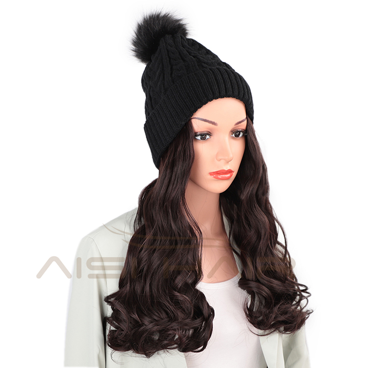 Aisi Hair Dark Brown Synthetic Long Wavy Cosplay Party Knit Slouchy Hat Fiber Hair Extension With Cap For Black White Women