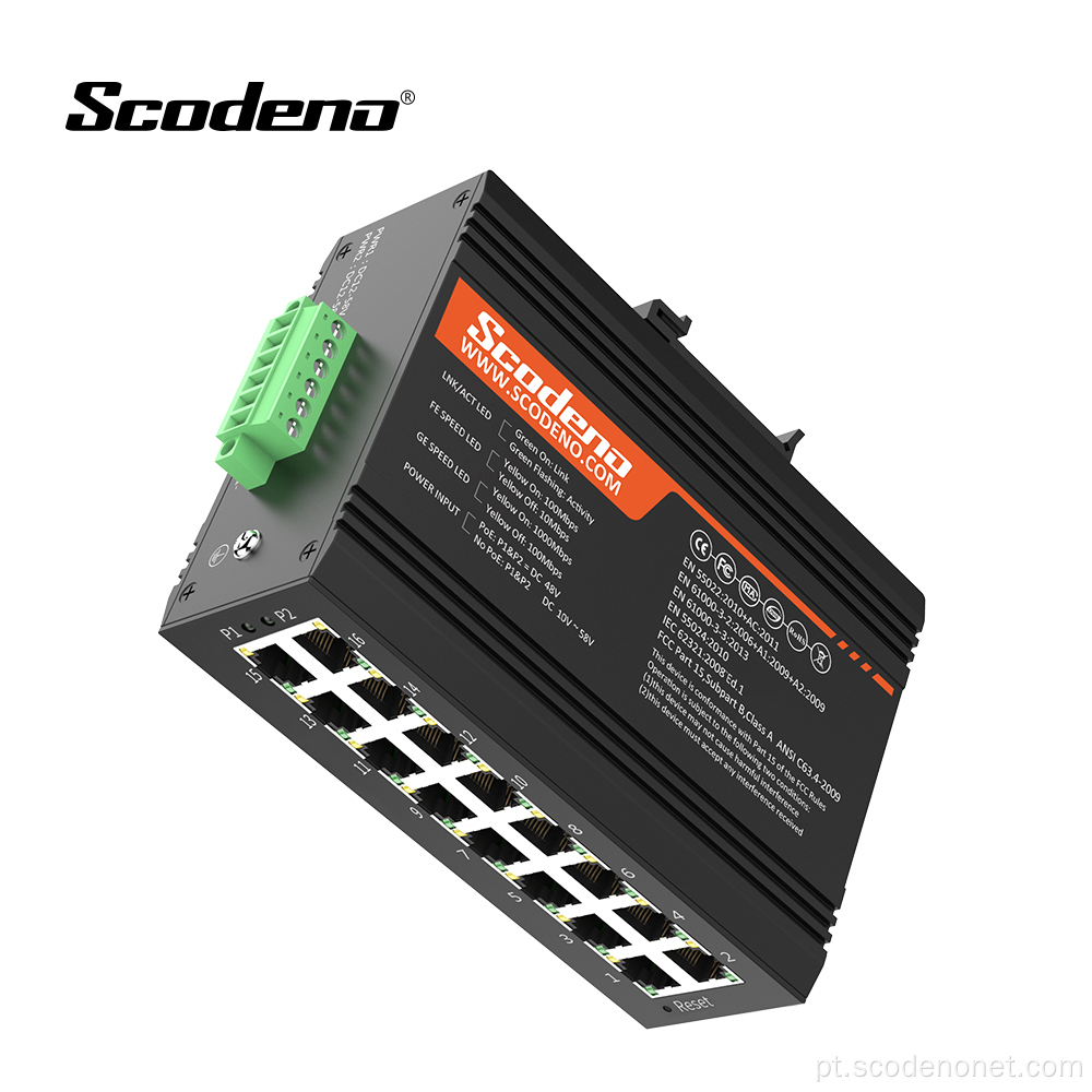 Scodeno IP40 1000 Mbps 16 portas Ethernet Industrial Managed PoE Trilho DIN