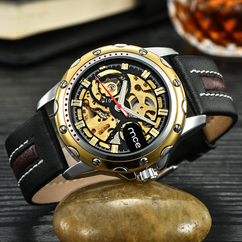 Genuine Leather Skeleton Automatic Watch for Man