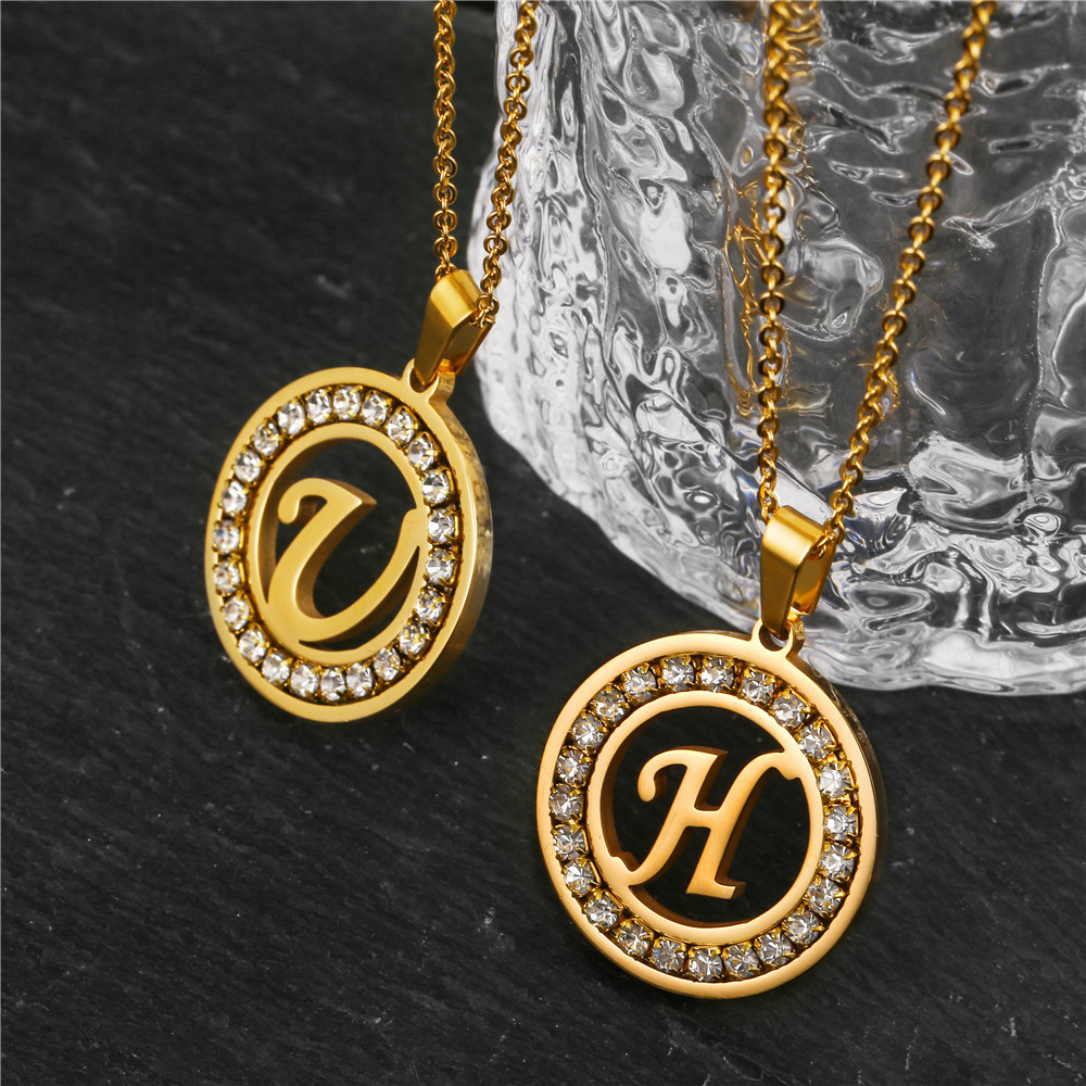 Fashion Jewelry 18k Gold Plated Hollow Round Alphabet Pendant Necklaces Cubic Zirconia Initial Necklace