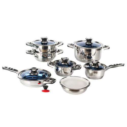 Stainless Steel Cookware Set with Glass Blue Lid
