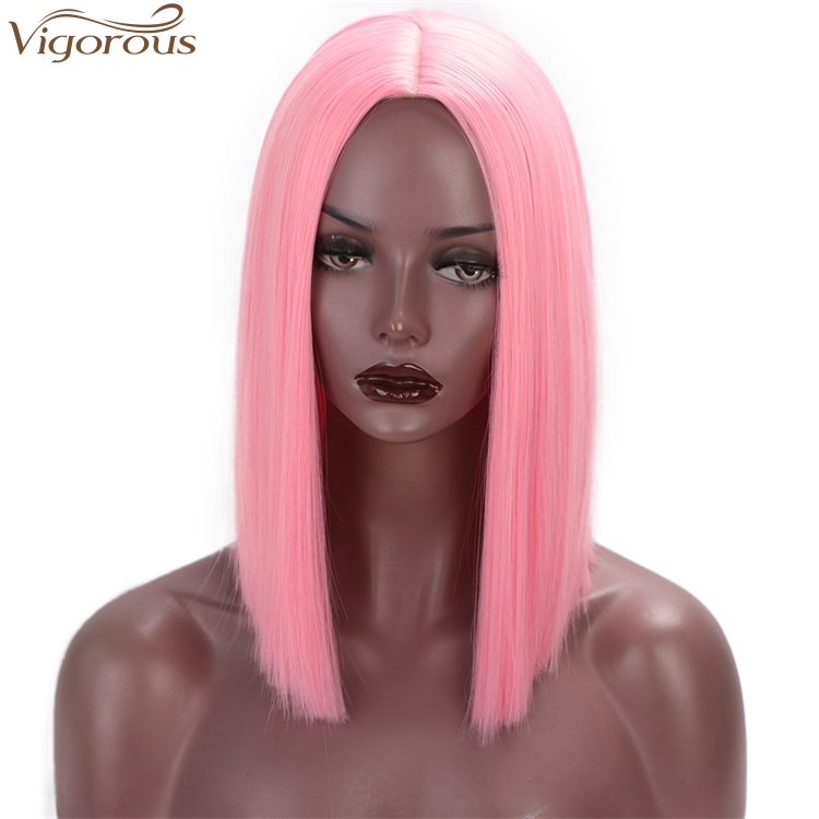 Vigorous 14 inches Short Straight Bob Wig Middle Part Pink Heat Resistant Synthetic Wig Cosplay Daily Use For Women